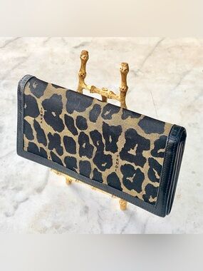 FENDI LEOPARD CANVAS BLACK LEATHER TRIFOLD CONTINENTAL WALLET CHECKBOOK VINTAGE